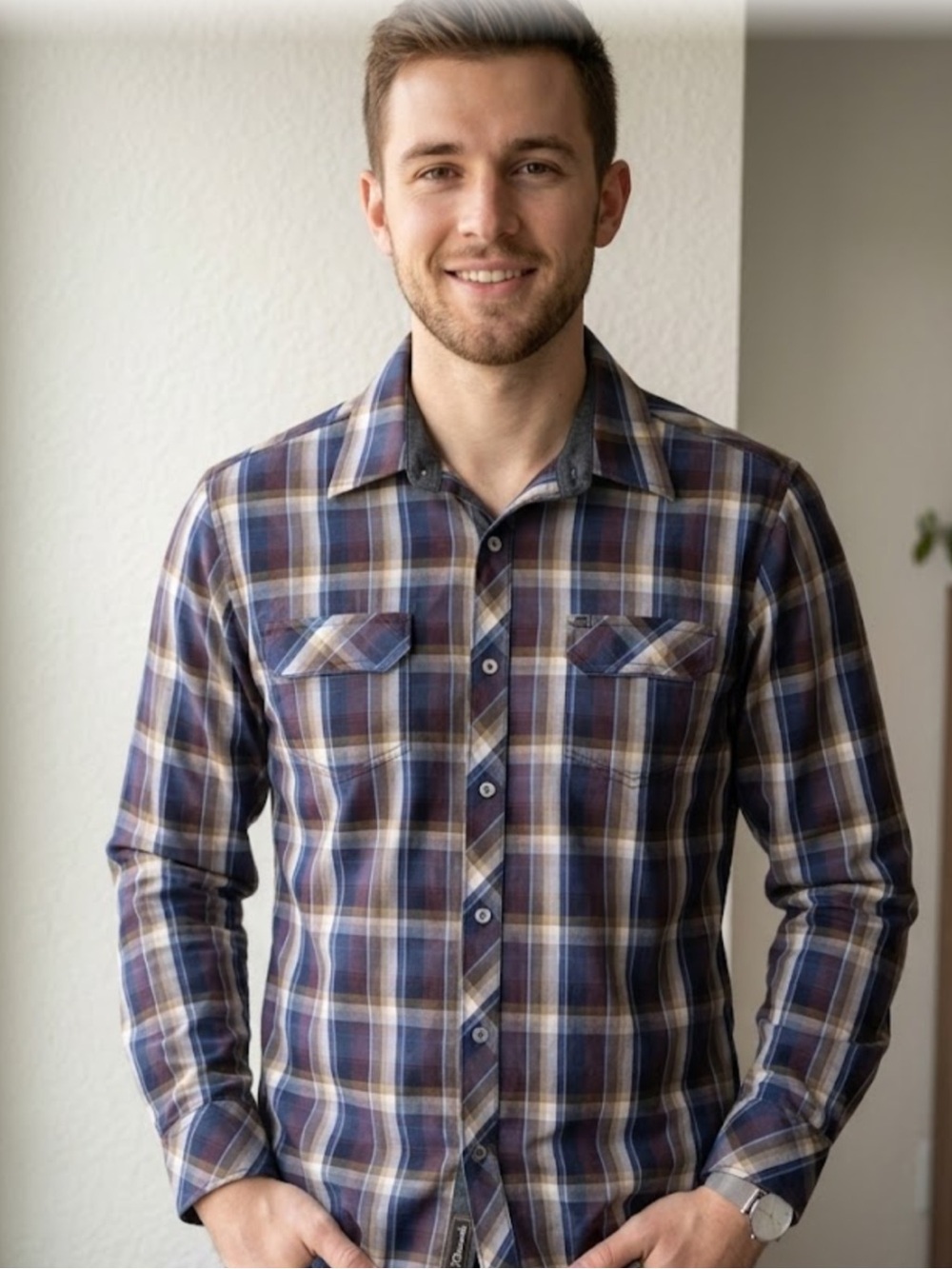 7 Diamonds Blue and Brown Plaid Button-Down Shirt